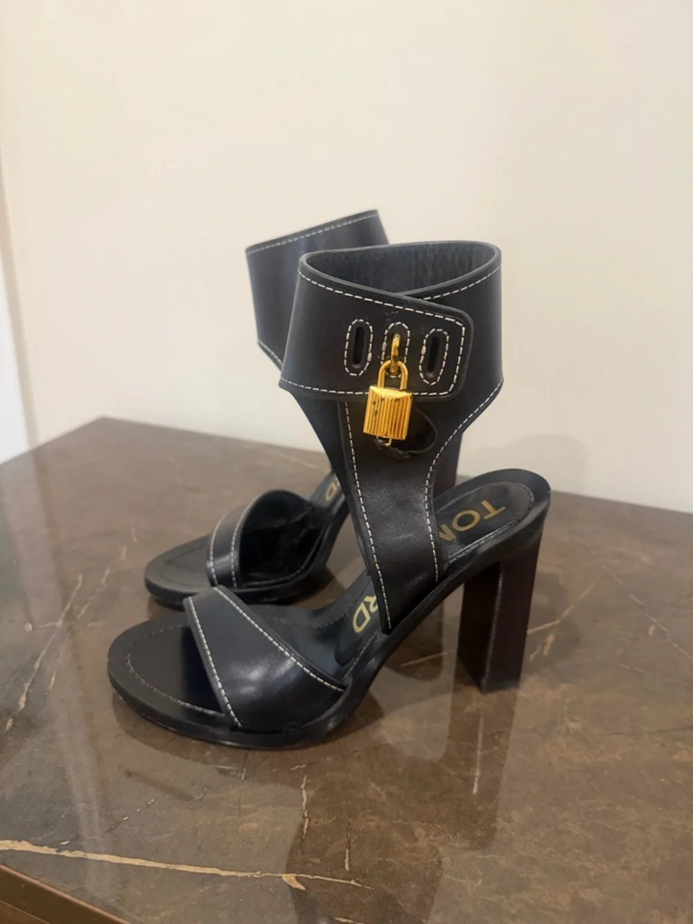 Tom Ford Black Leather Open-Toe Ankle-Cuff Heels with Gold Detail - Picture 2 of 4